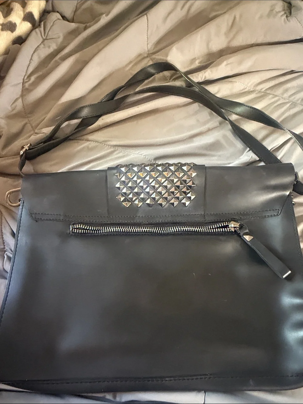 Black Studded Flap Leather Messenger Bag